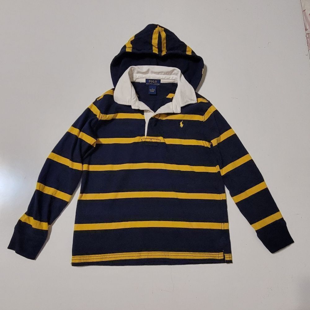 POLO RUGBY HOODED NAVY BLUE GOLD STRIPE COTTON LONG SLEEVE PREPPY SHIRT BOYS 6